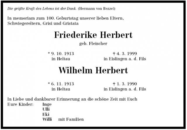 Herbert Wilhelm 1913-1990 Fleischer Freiderike 1913-1999 Todesanzeige